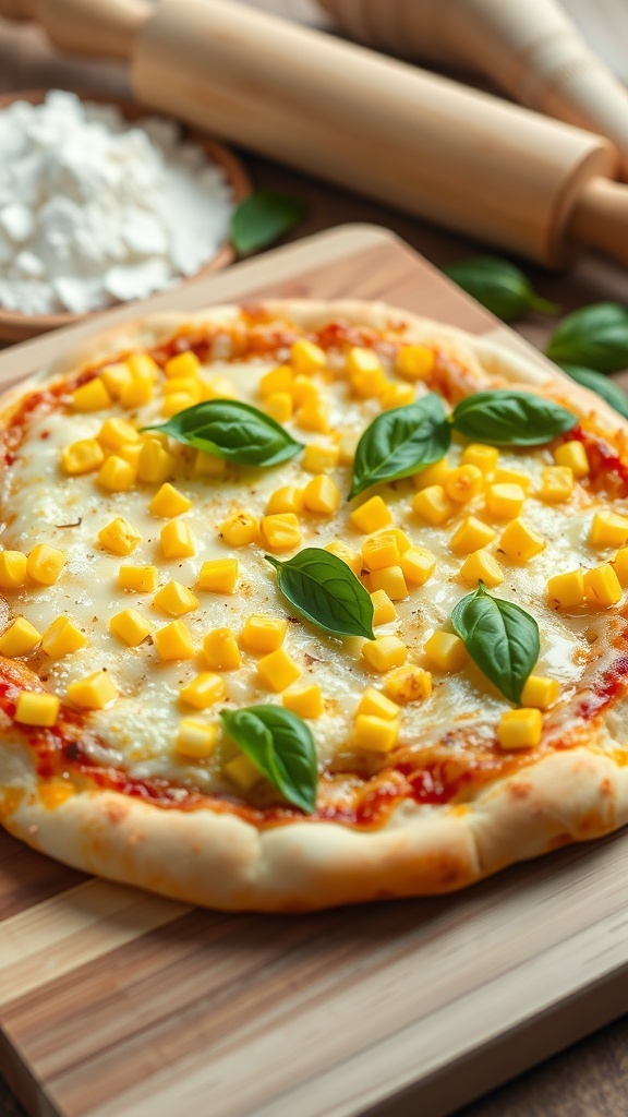 A delicious sweet corn pizza with melted cheese and fresh corn on a wooden board, garnished with basil.
